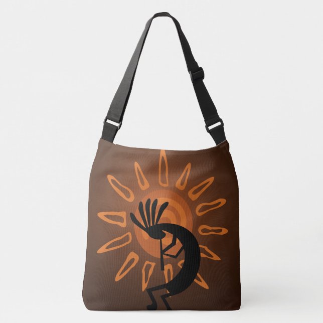Südwest Kokopelli Sun Rustic A-O-P Cross Body Tragetaschen Mit Langen Trägern (Vorderseite)