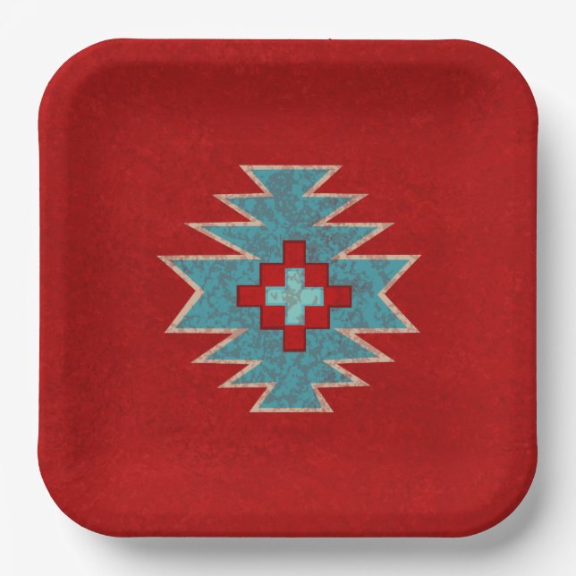 Südwest Mesas Red & Turquoise Geometric Muster Pappteller (Vorderseite)
