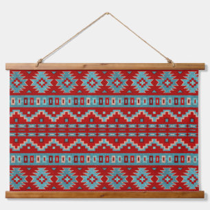 Südwest-Mesas Türkis & Rotes geometrisches Muster Wandteppich Mit Holzrahmen