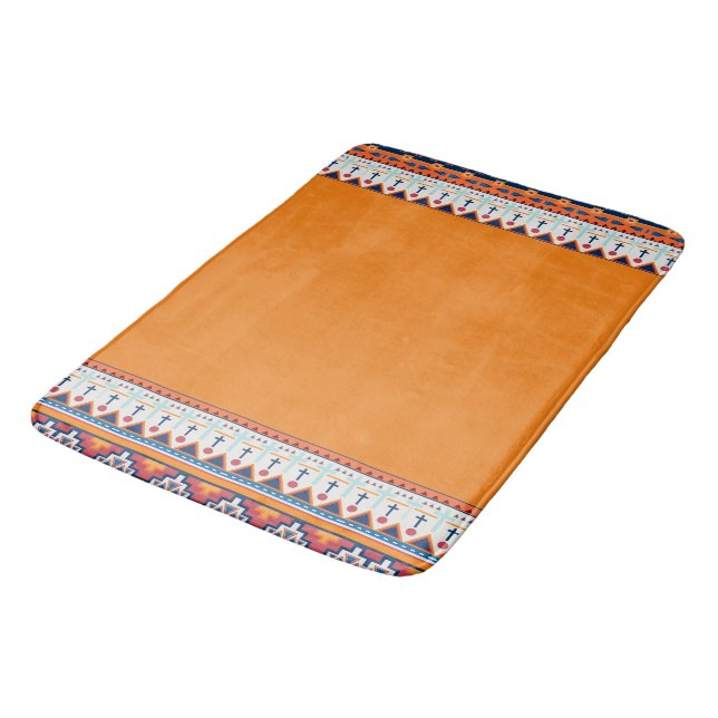 Südwest Muster Boho Rustic Orange & Blue Badematte (Schrägansicht)