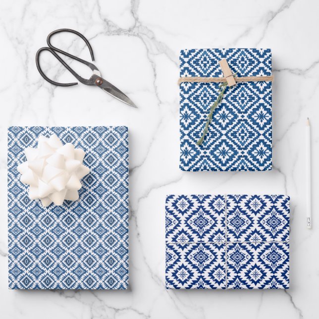 Südwest Navajo Blue-White Ethnic Geometric Geschenkpapier Set (Vorderseite)
