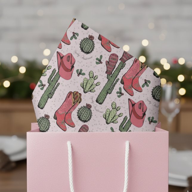 Südwest Pink Weihnachts-Cowgirl Howdy Weihnachten Seidenpapier (Country Christmas Tissue Paper. Pink & Green Xmas Cowgirl Boots, Desert Cacti, Holly Berries Pattern)