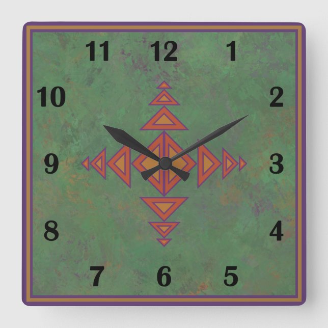 Südwest Sagebrush Green Geometric Regular Style  Quadratische Wanduhr (Vorderseite)