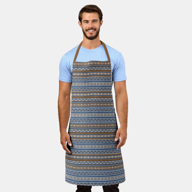Südwest Style Blue & Tan Geometric Muster Grosses Schürze (Getragen)