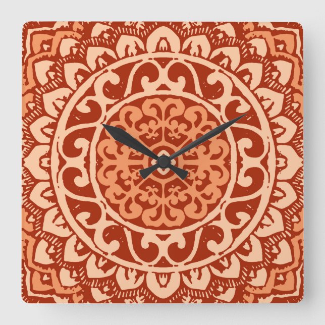 Südwest Sun Mandala Batik, Coral Orange Quadratische Wanduhr (Vorderseite)