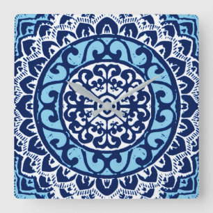 Südwest Sun Mandala Batik, Navy Blue & White Quadratische Wanduhr