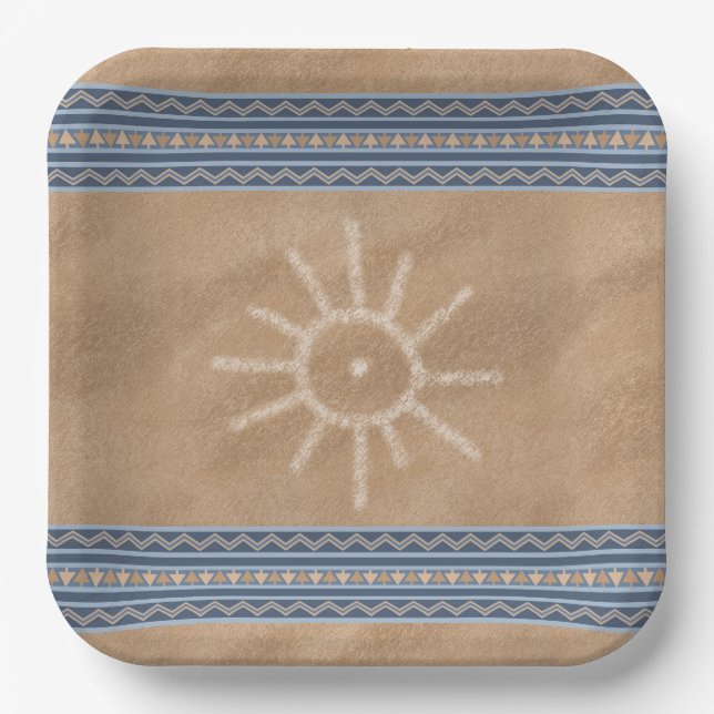 Südwest Sun Petroglyph Blue Geometric Border Pappteller (Vorderseite)