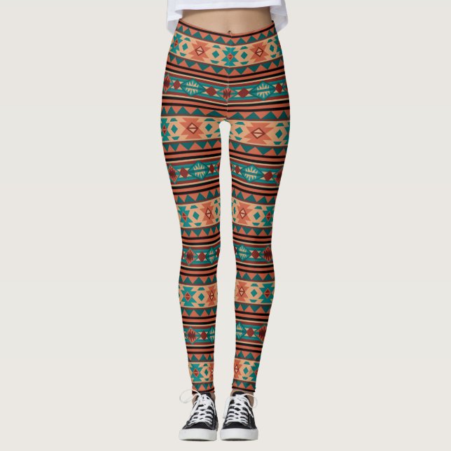 Südwest Tribal Muster Türkisch Terracotta Leggings (Vorderseite)