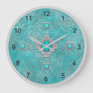 Südwest-Türkis-Stein-Geometrisches Muster Große Wanduhr