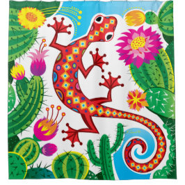 Südwestgecko mit Kaktusblüten Duschvorhang