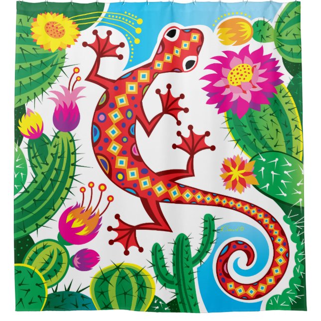 Südwestgecko mit Kaktusblüten Duschvorhang (Vorderseite)