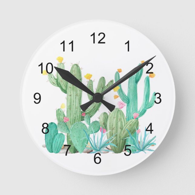 Südwestkaktus-KakteenWatercolorhübscher Succulent Runde Wanduhr (Vorderseite)