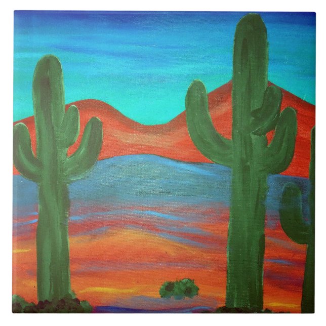Südwestlich von Saguaro Sonnenuntergangsmalerei Fliese (Vorderseite)