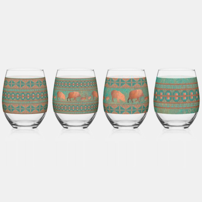 Südwestliche Aquamarine Kupfer-Javelinas und geome Weinglas Ohne Stiel (Vorderseite)