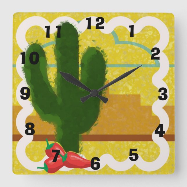 Südwestliche Art-Wüsten-Szene mit Saguaro - Quadratische Wanduhr (Vorderseite)