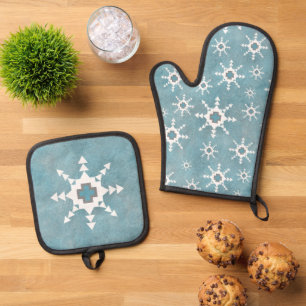 Südwestliche geometrische Schneeflocken Blau Ofenhandschuh & Topflappen-Set