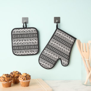 Südwestliche Schwarz-Weiß-Geometrie-Muster Ofenhandschuh & Topflappen-Set