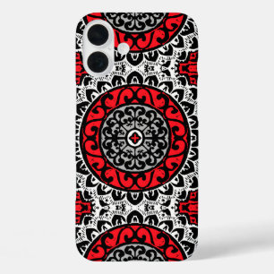 Südwestliche Sonne Mandala Batik, rot, schwarz und iPhone 16 Plus Hülle