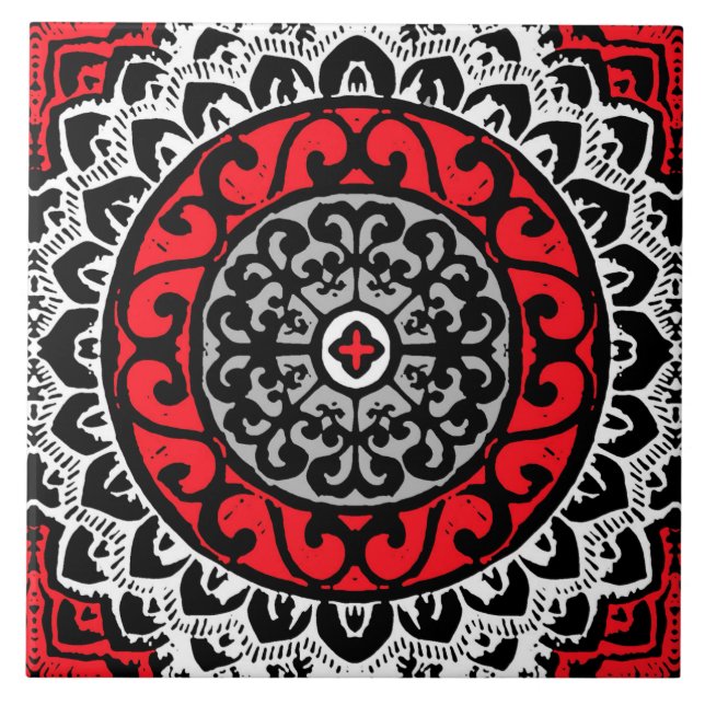 Südwestliche Sonne Mandala Batik, rot, schwarz und Fliese (Vorderseite)