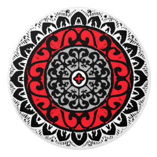 Südwestliche Sonne Mandala Batik, rot, schwarz und Keramikknauf