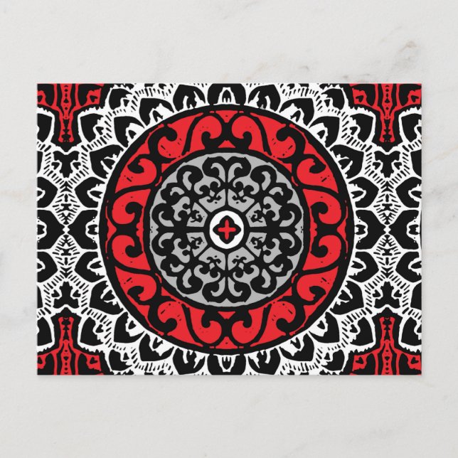Südwestliche Sonne Mandala Batik, rot, schwarz und Postkarte (Vorderseite)