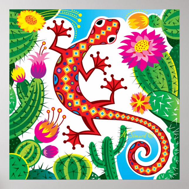 Südwestlicher Gecko mit Kaktusblüten Poster (Vorne)