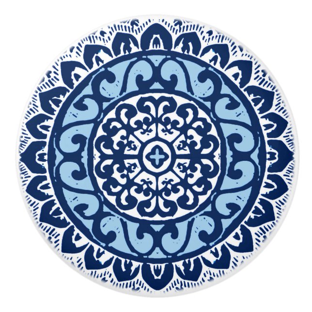 Südwestlicher Sun-Mandala-Batik, Marine-Blau u. Keramikknauf (Vorderseite)