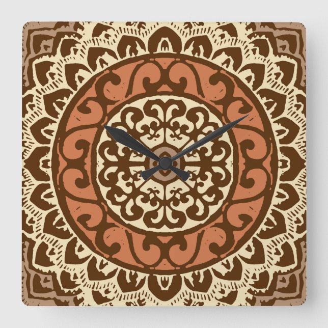 Südwestlicher Sun-Mandala-Batik, Rost u. Brown Quadratische Wanduhr (Vorderseite)