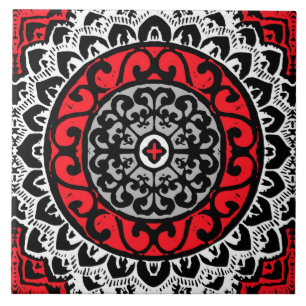 Südwestlicher Sun-Mandala-Batik, Rot, Schwarzes u. Fliese