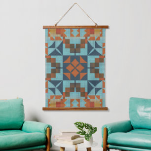 Südwestliches geometrisches Quiltblock-Kunstmuster Wandteppich Mit Holzrahmen