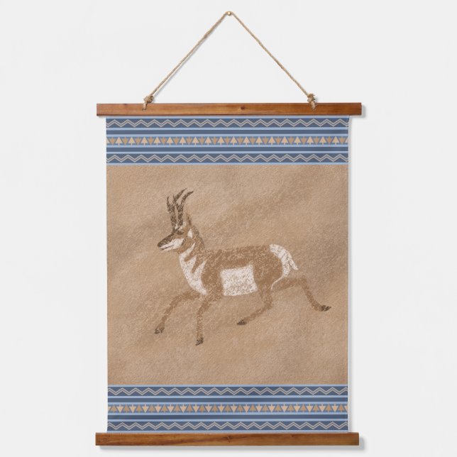 Südwestpronghorn Running Antelope Blue Border Wandteppich Mit Holzrahmen (Vorderseite)