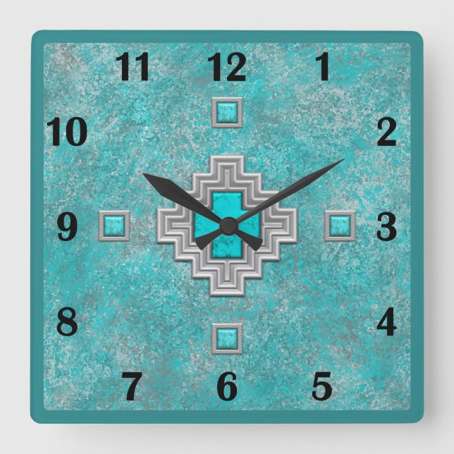 Südwestturquoise Stone Geometric Basic Numbers Quadratische Wanduhr (Vorderseite)