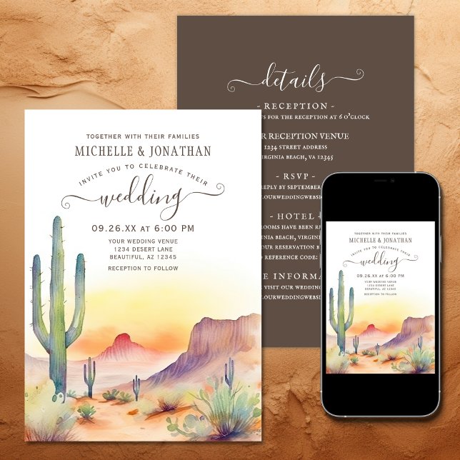 Südwestwüstenkaktus in einer Hochzeit Einladung (Printed and Digital - Southwestern Desert Cactus All in One Wedding Invitation)