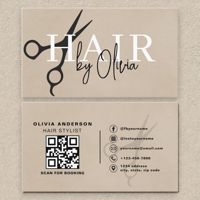 Suede Neutral Scissors QR Code Hair Stylist  Visitenkarte (Von Creator hochgeladen)