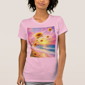 Sueño Marino de Girasoles: Atardecer en la Playa T-Shirt