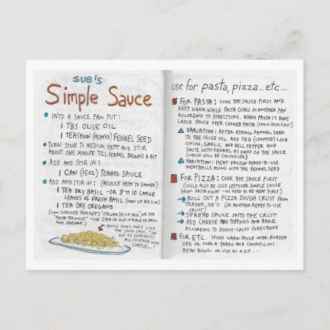 Sue's Simple Sauce-Rezept Postkarte (Vorderseite)