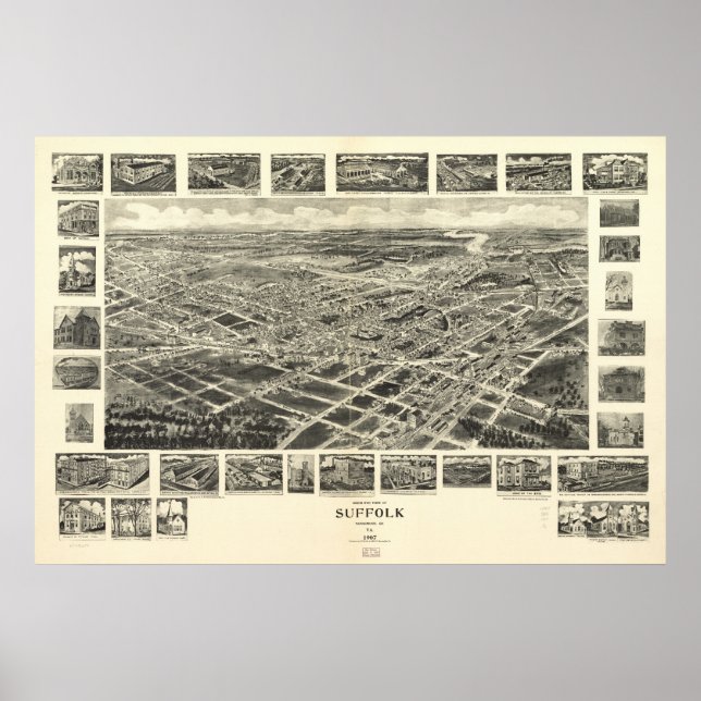Suffolk Virginia 1907 Antique Panoramabalkarte Poster (Vorne)