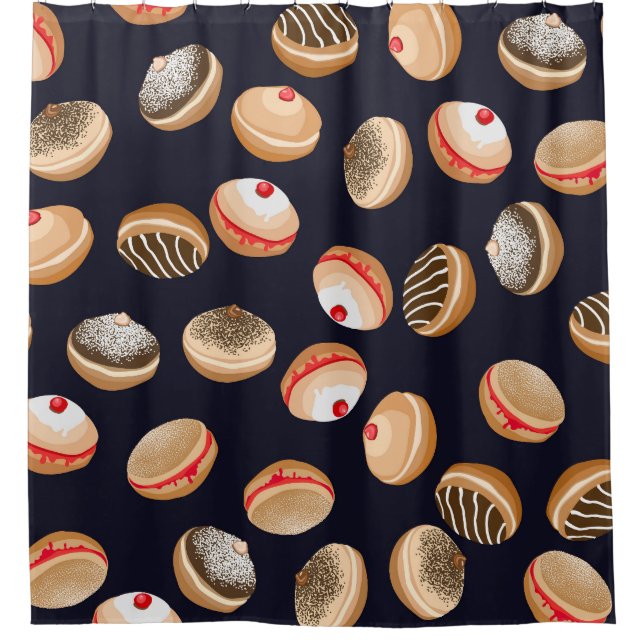 Sufganiyot Donuts: Hanukkah Vintages Muster Duschvorhang (Vorderseite)