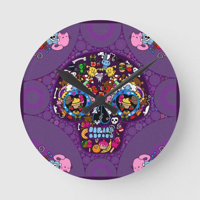 Sugar Art Skull Kawaii Doodle maßgeschneidert Runde Wanduhr (Vorderseite)