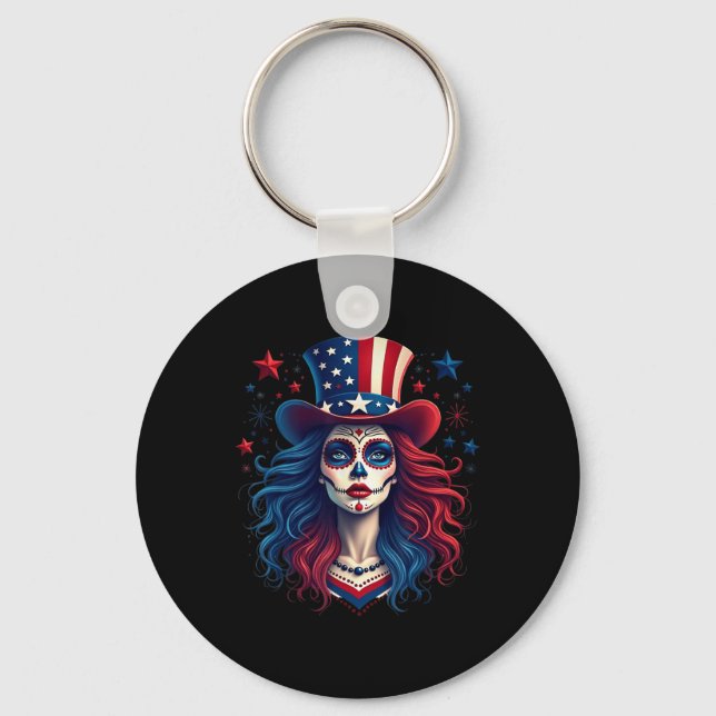 Sugar Skull 4. Juli American Flag Skeleton Wom Schlüsselanhänger (Vorderseite)