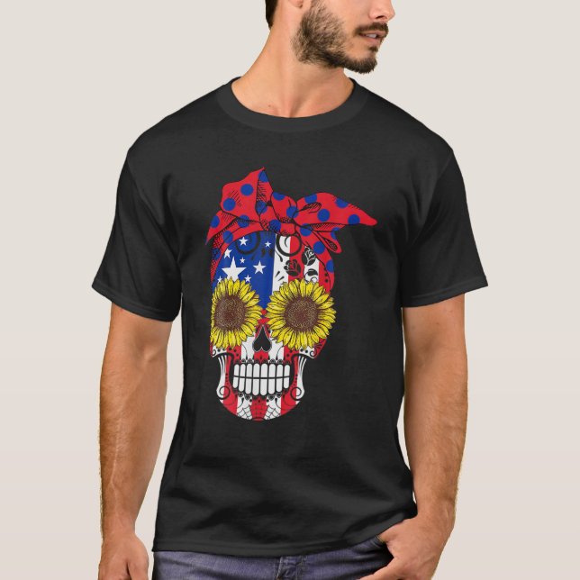 Sugar Skull American Flag Sonnenblumen Blume T-Shirt (Vorderseite)
