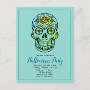 Sugar Skull Aqua Blue Halloween-Party Einladungspostkarte