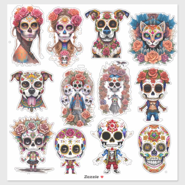 Sugar Skull Art 12 Piece Wasserfarbpack Aufkleber (Blatt)