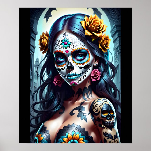 Sugar Skull Art - Blühende Schönheit Poster (Vorne)