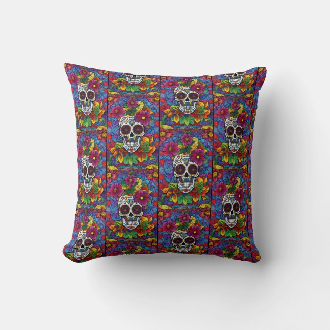 Sugar Skull Art - Blumenfiesta Kissen (Vorderseite)