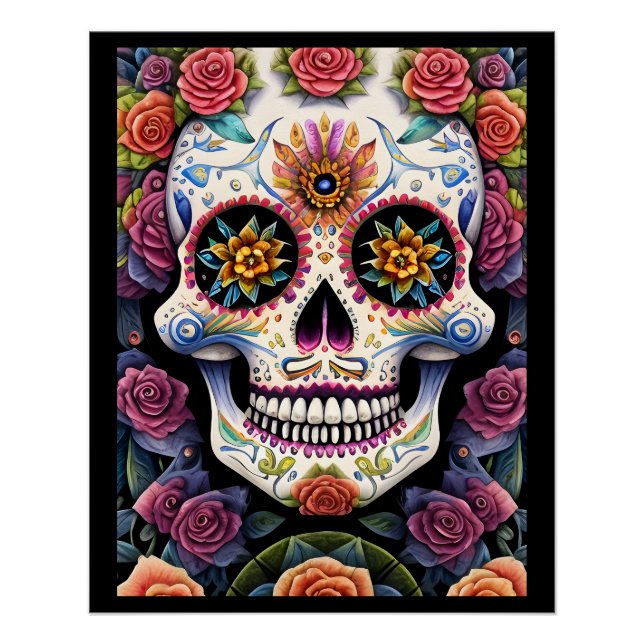 Sugar Skull Art - Dia de los Muertos Floral Skull Poster (Vorderseite)