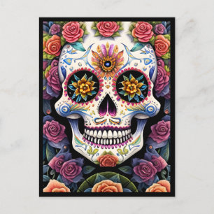 Sugar Skull Art - Dia de los Muertos Floral Skull Postkarte
