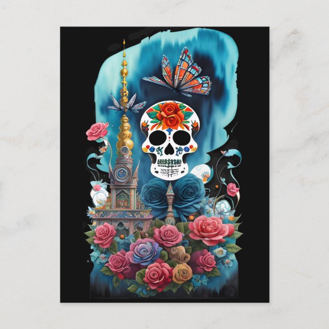 Sugar Skull Art - Farbenfrohe Altar Postkarte (Vorderseite)