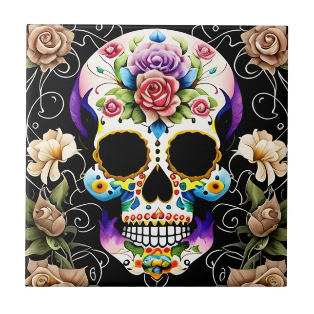Sugar Skull Art - Farbenfrohe Erinnerung Fliese (Vorderseite)