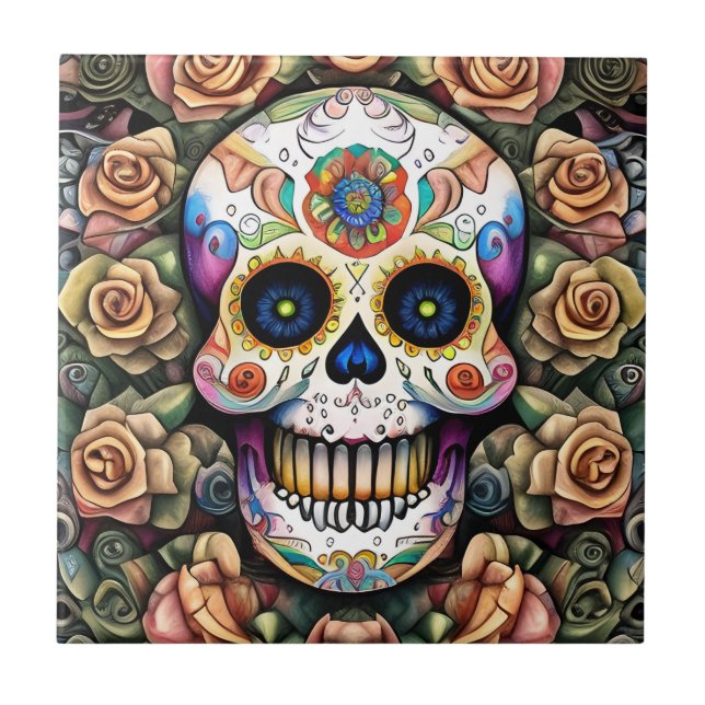 Sugar Skull Art - farbenfrohe mexikanische Feier Fliese (Vorderseite)